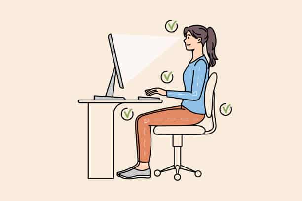 Girl sit at desk work on computer in correct posture. 