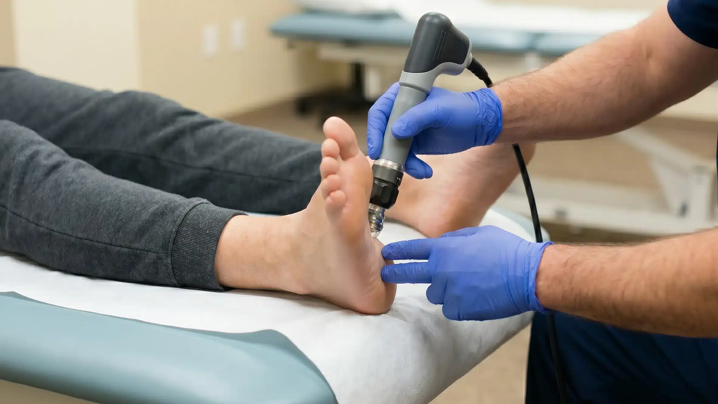 Patient getting shockwave therapy on feet
