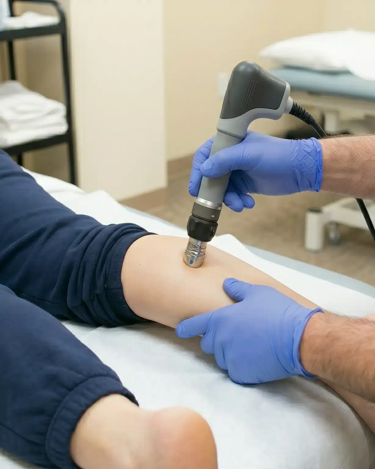 Patient getting shockwave therapy on leg